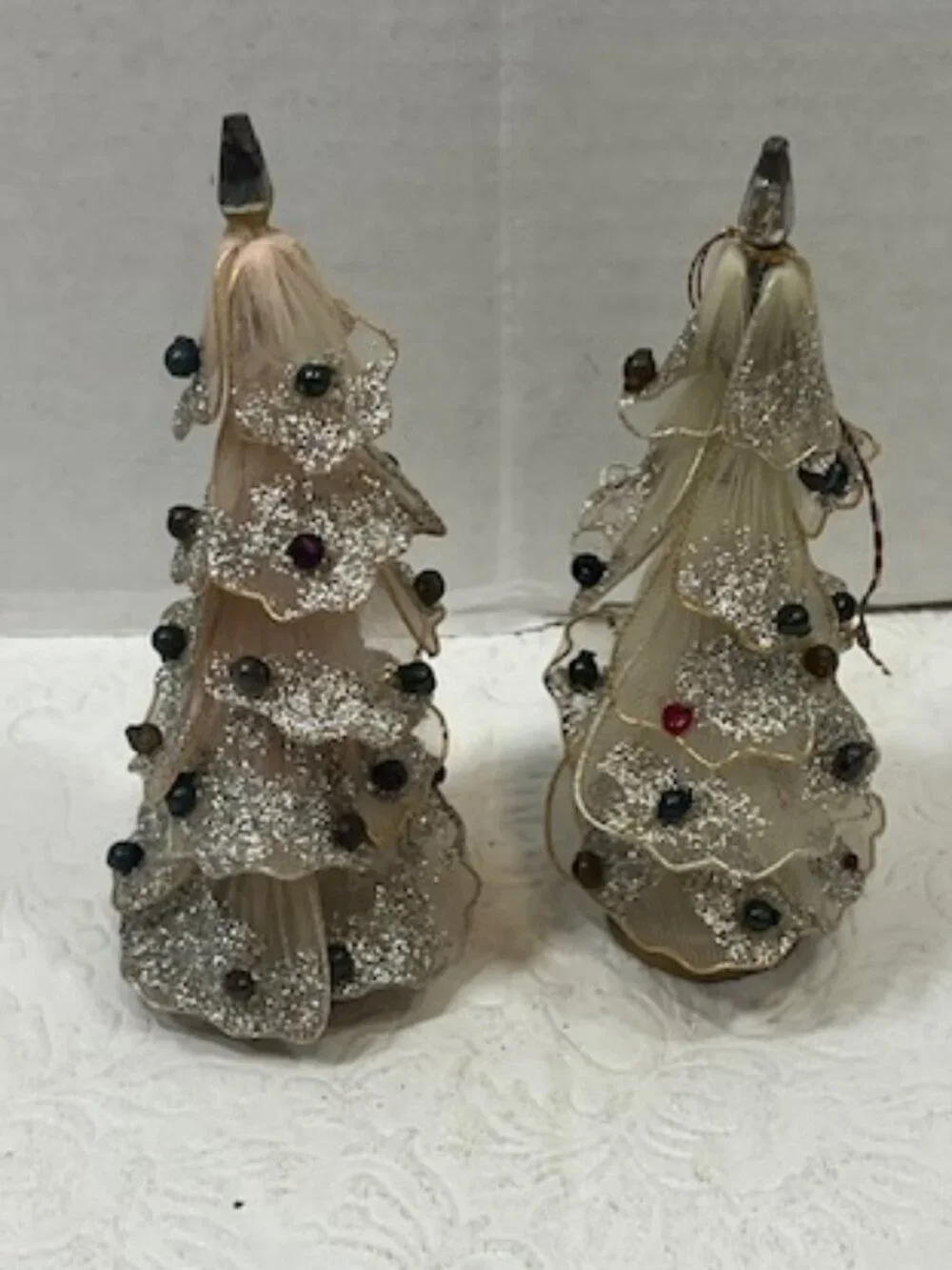 Two Antique Pink & White Tulle Mesh Christmas Tree Tabletop Decor GlassBalls  5